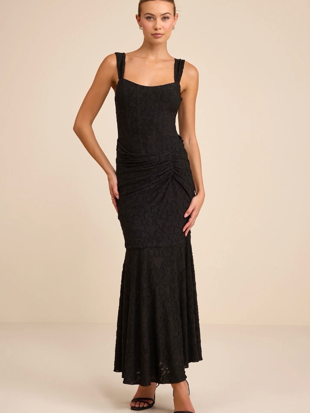 Lulu's Black Lace Maxi Dress with Ruched Waist